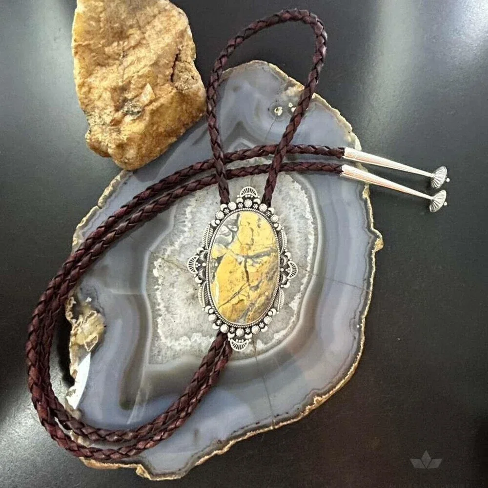 Sterling Southwestern Style Large Oval Picture Jasper Decorated Bolo Tie For Men